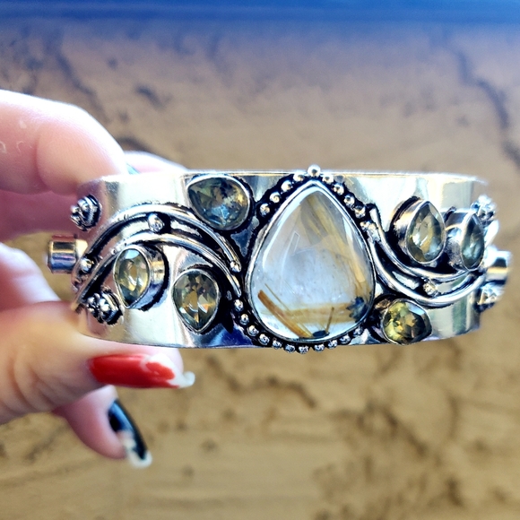 New Golden Rutile and Citrine 925 Silver Cuff Bracelet. - Picture 16 of 16